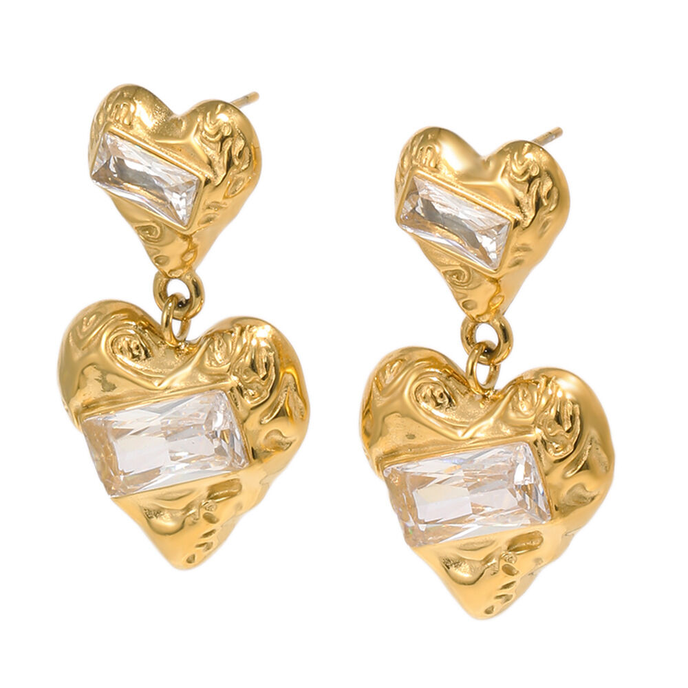 Heart Stainless Steel Waterproof Zircon Gold Color Drop Earrings Picture4