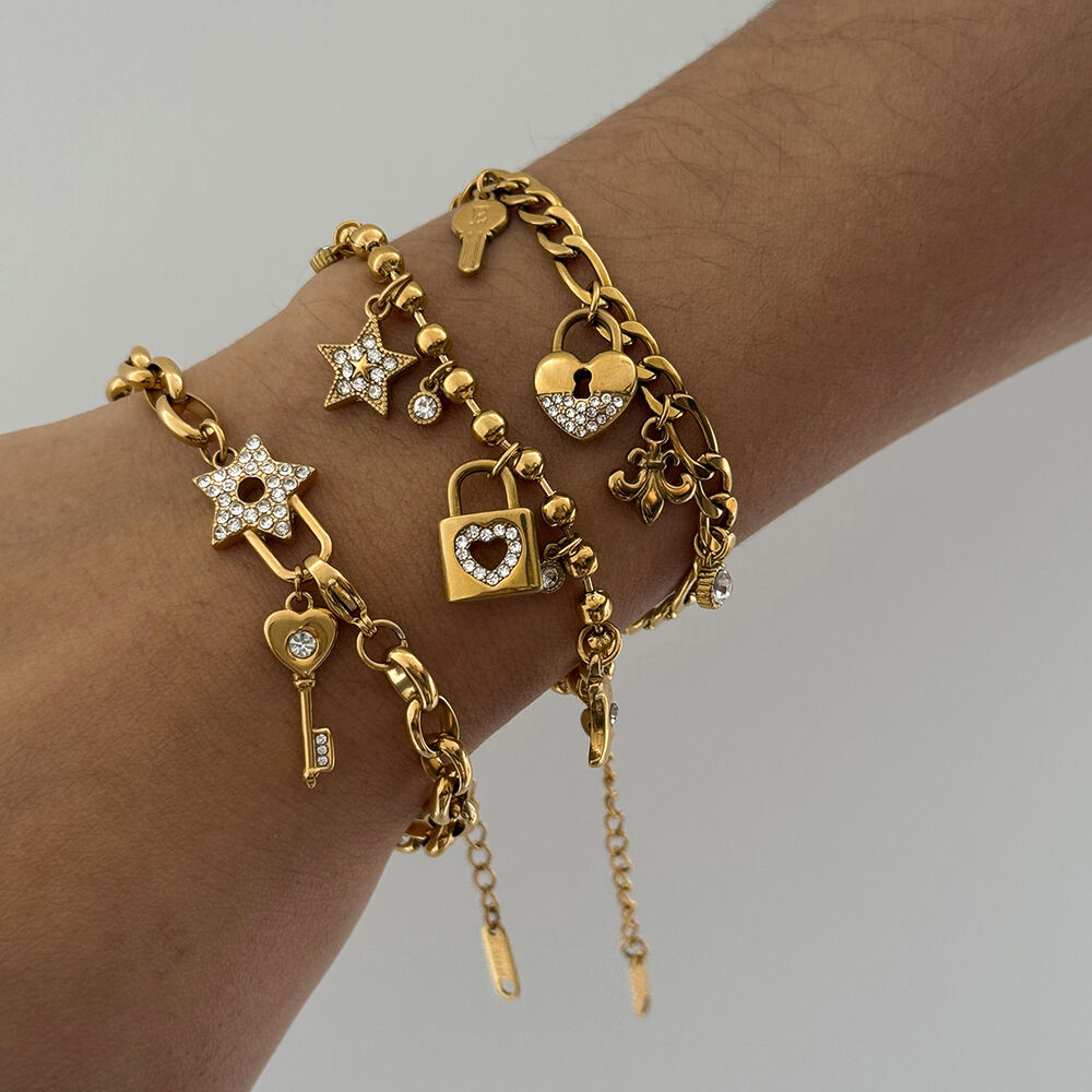 Braccialetti con ciondoli da donna in acciaio inossidabile color oro, impermeabili e anti-ossidazione, con chiave e lucchetto h5Immagine5