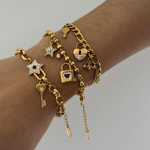 Braccialetti con ciondoli da donna in acciaio inossidabile color oro, impermeabili e anti-ossidazione, con chiave e lucchetto h5 Immagine5