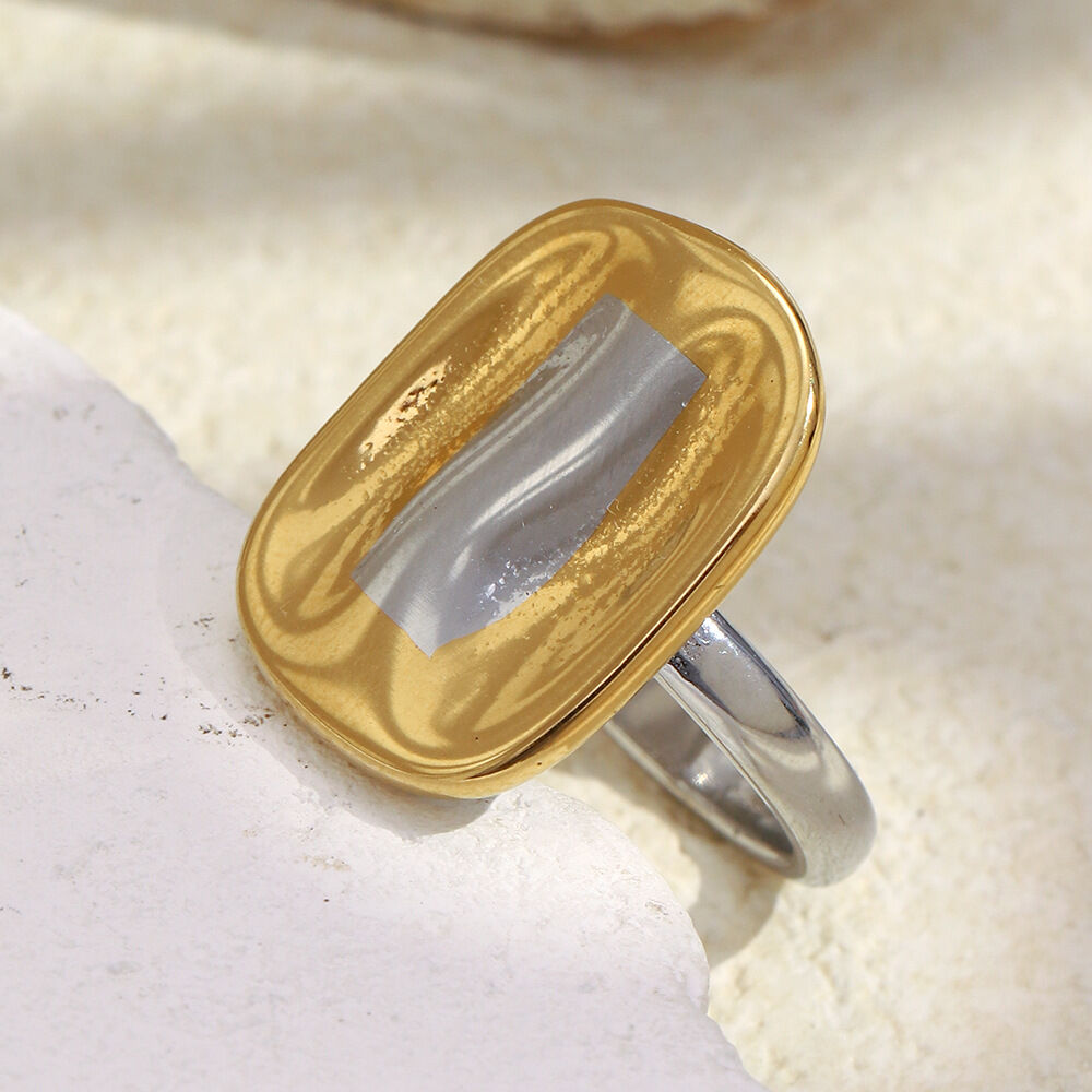 Square Shape Gold and Silver Color Stainless Steel Waterproof Statement Ring Picture2
