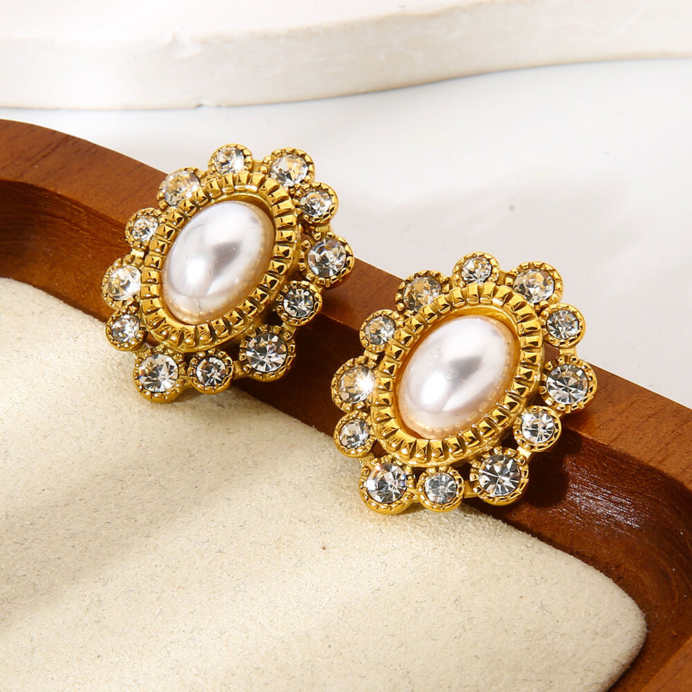 Luxurious  Elegant Flower Stainless Steel Waterproof   Gold Color  Zircon  Women's Stud Earrings 2