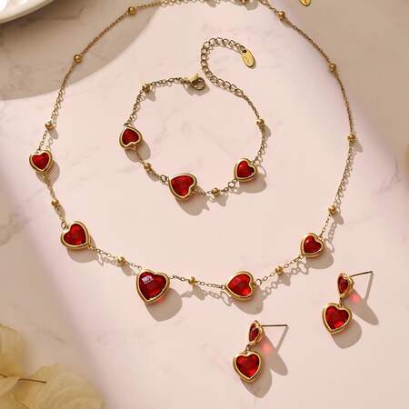 Romantic Glass Heart Stainless Steel Waterproof&Anti-tarnish Gold Color Women's Jewelry Sets