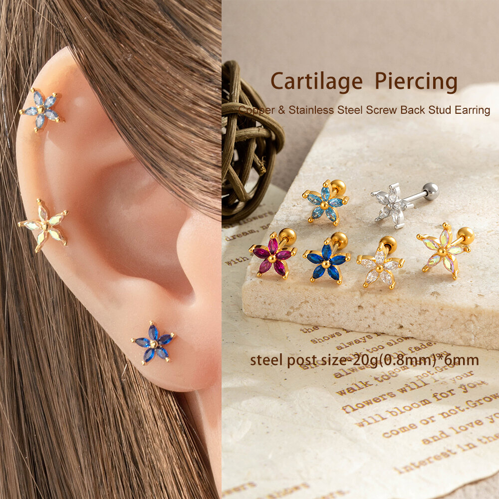 Boucles d'oreilles piercing femme en zircon couleur cuivre doré à motif floral scintillant Image5
