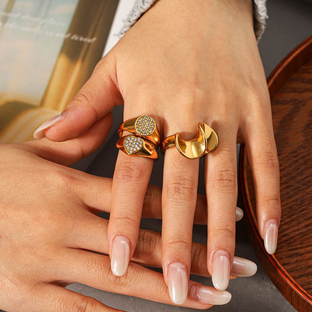 Heart Stainless Steel Waterproof Gold Color Zircon Ring h5Picture4