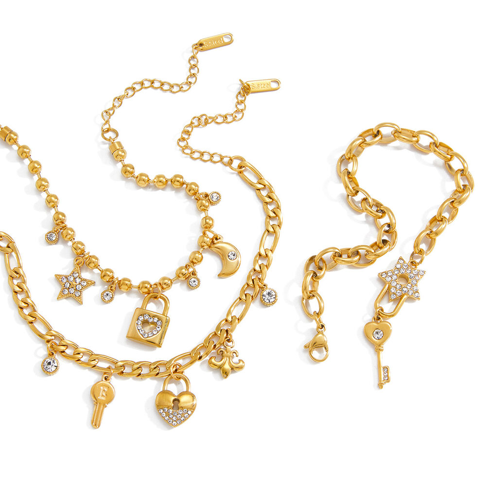 Braccialetti con ciondoli da donna in acciaio inossidabile color oro, impermeabili e anti-ossidazione, con chiave e lucchetto h5Immagine6