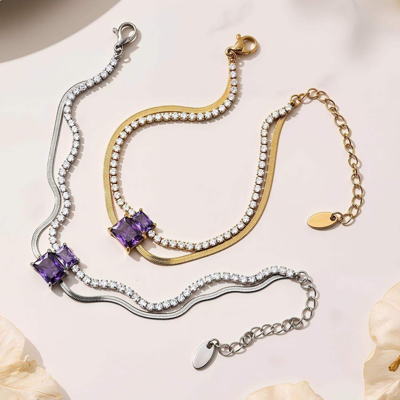Pulseras de cadena doble para mujer, de acero inoxidable, con circonitas rectangulares, resistentes al agua y al deslustre, en color dorado.