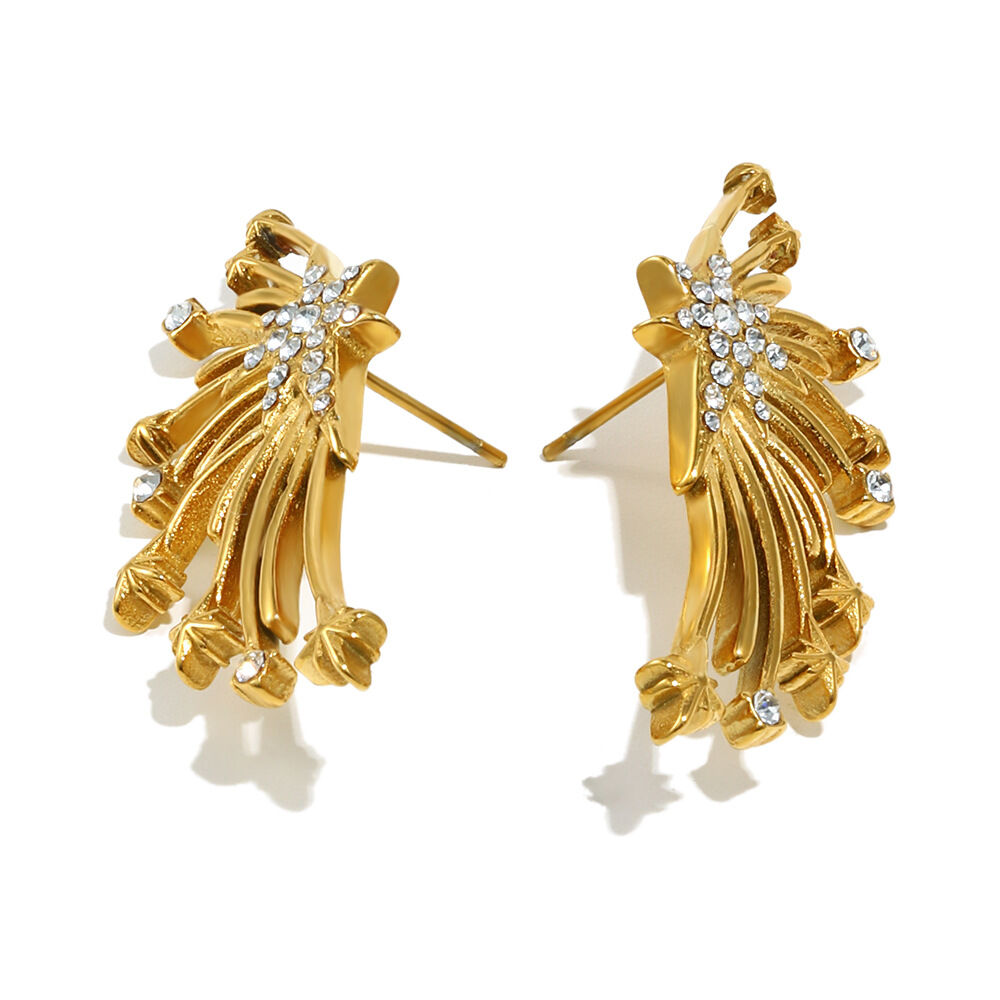 Wings Shape Stainless Steel Waterproof Zircon Gold Color Stud Earrings 2
