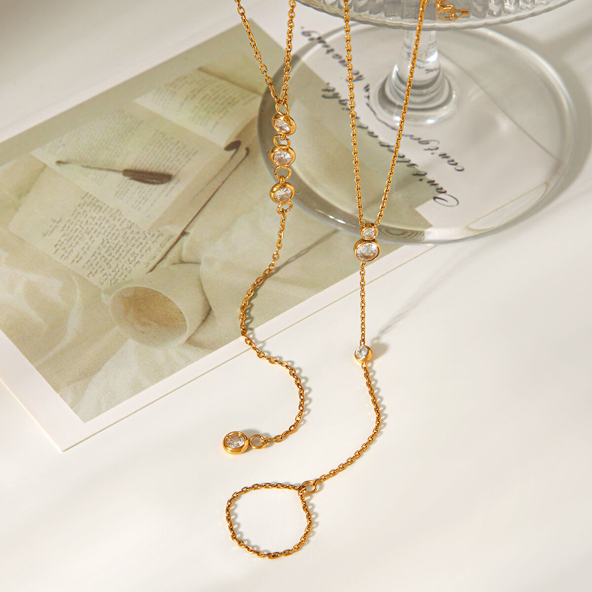 Y-shape Stainless Steel Waterproof Gold Color Necklace Set h5 Picture5