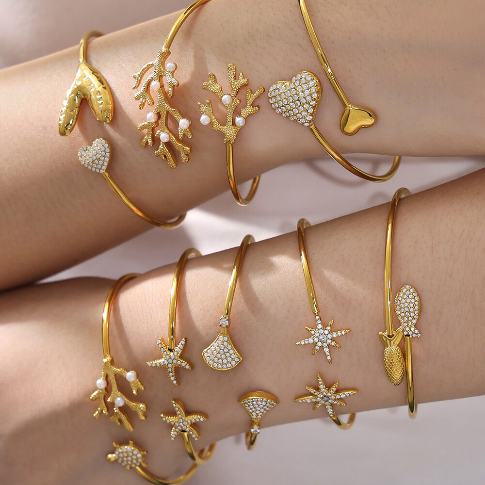 Marine Series Zircon Stainless Steel Waterproof&Anti-tarnish Gold Color Women's Cuff Bracelets Picture3
