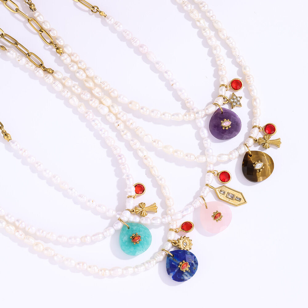Vintage Devil's Eye Droplet Beads Titanium Steel Gold Color  Natural Stone Women's Beaded Necklaces Picture6
