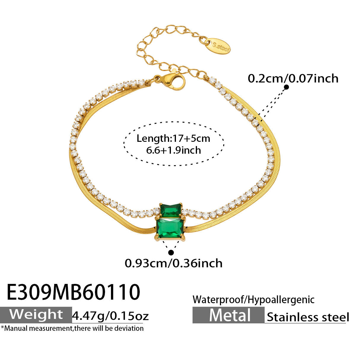 E309 – Goldgrünes Zirkon-Armband 17+5 cm Bild3