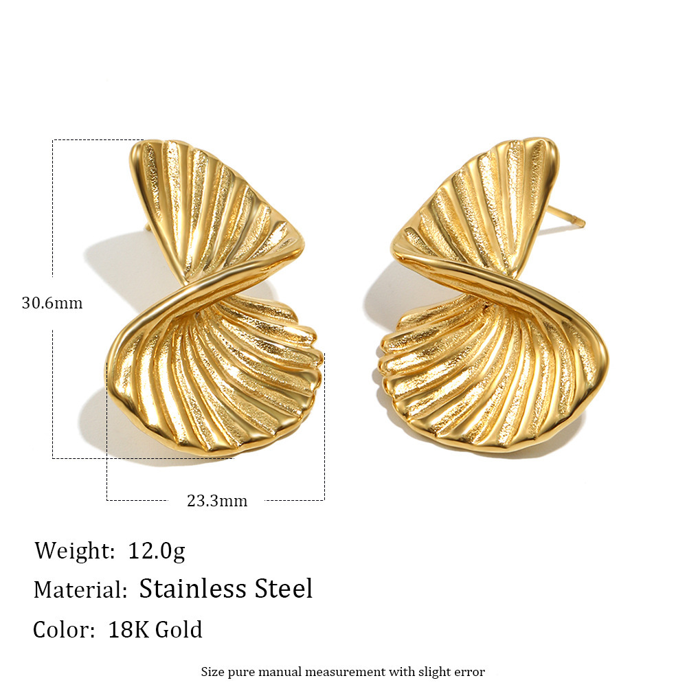 Twisted Fan-Shaped Stainless Steel Waterproof Gold Color Stud Earrings h5Picture2