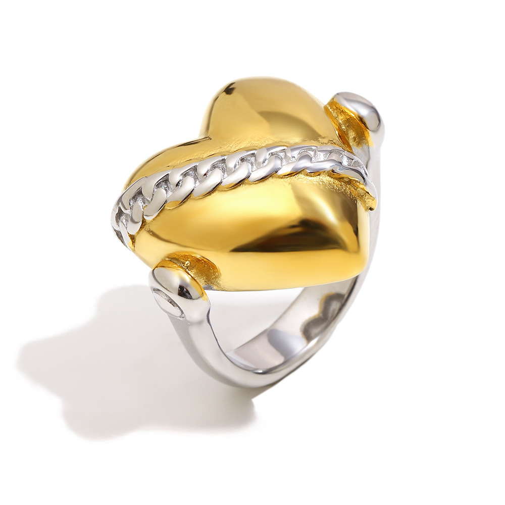 Heart Shape Gold And Silver Color Stainless Steel Waterproof Statement Ring Picture2