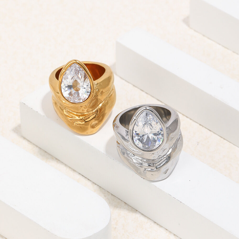 Waterdrop-shaped Zircon Stainless Steel Waterproof Ring h5 Picture5