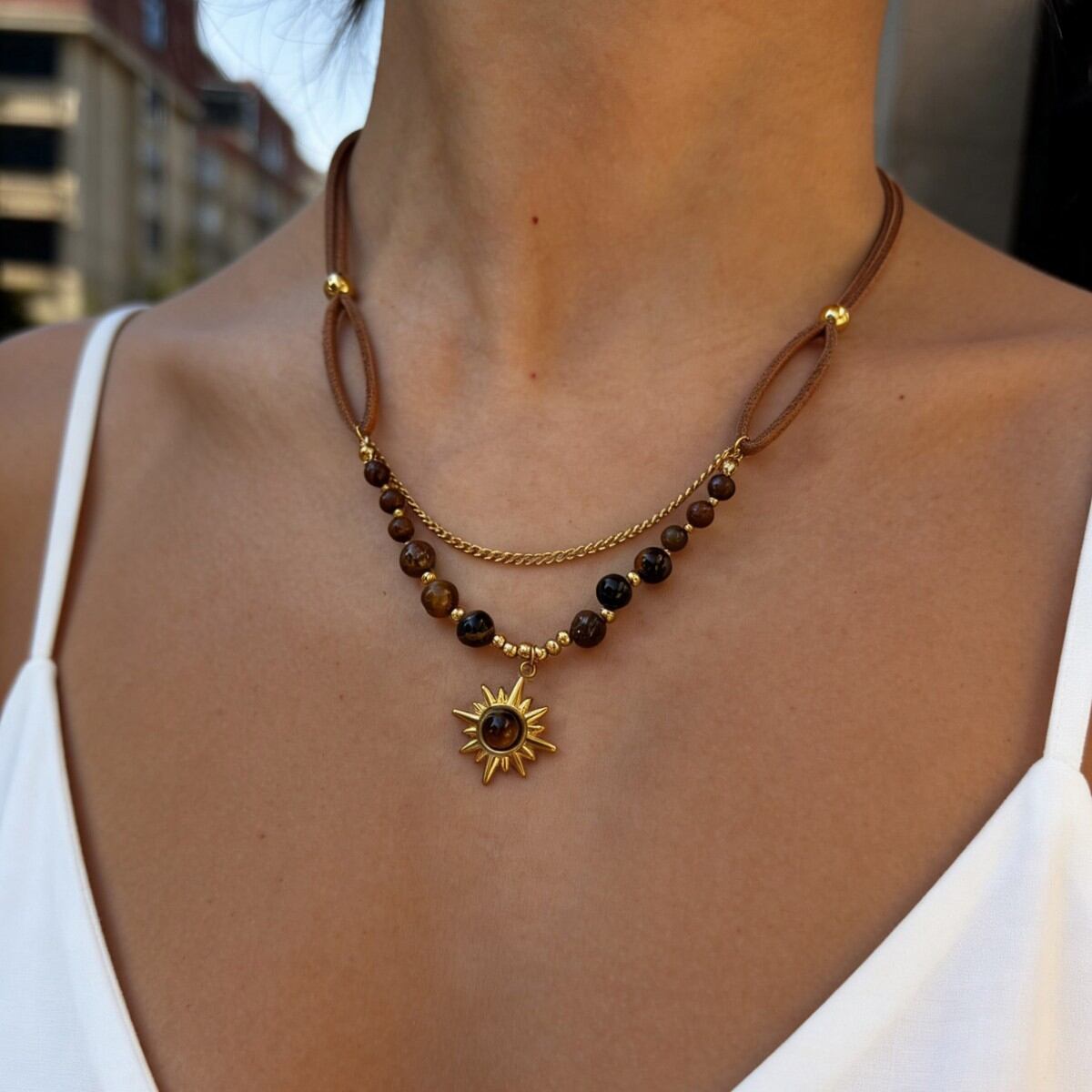 Sun Shape Stainless Steel Waterproof Gold Color Natural Stone Layered Necklace Picture3