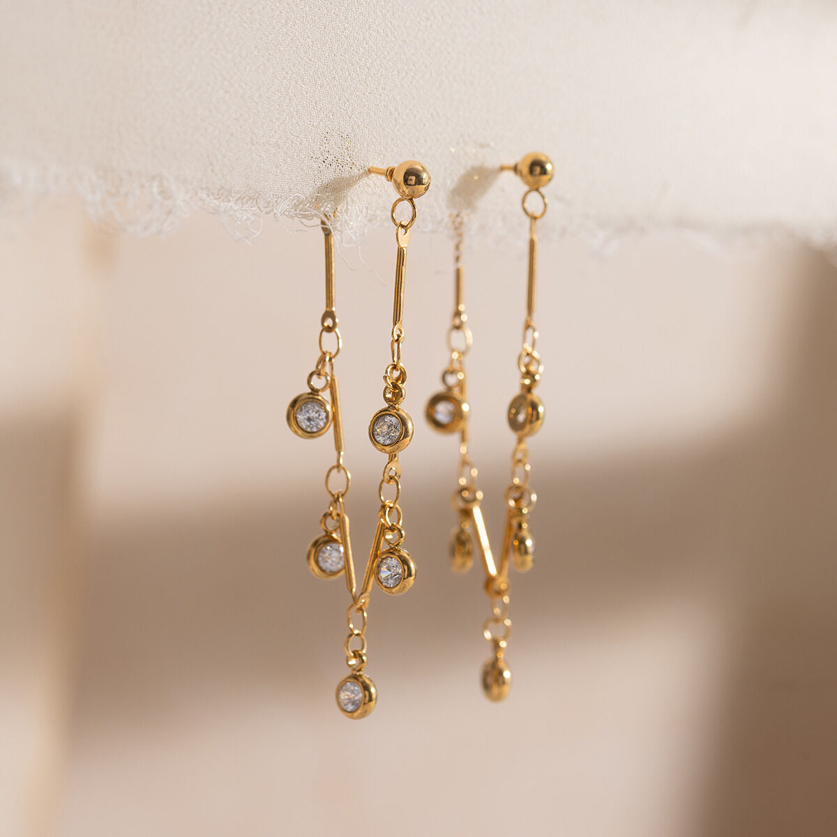 Exquisite Tassel Stainless Steel Waterproof&Anti-tarnish Gold Color Zircon Women's Party Earrings
