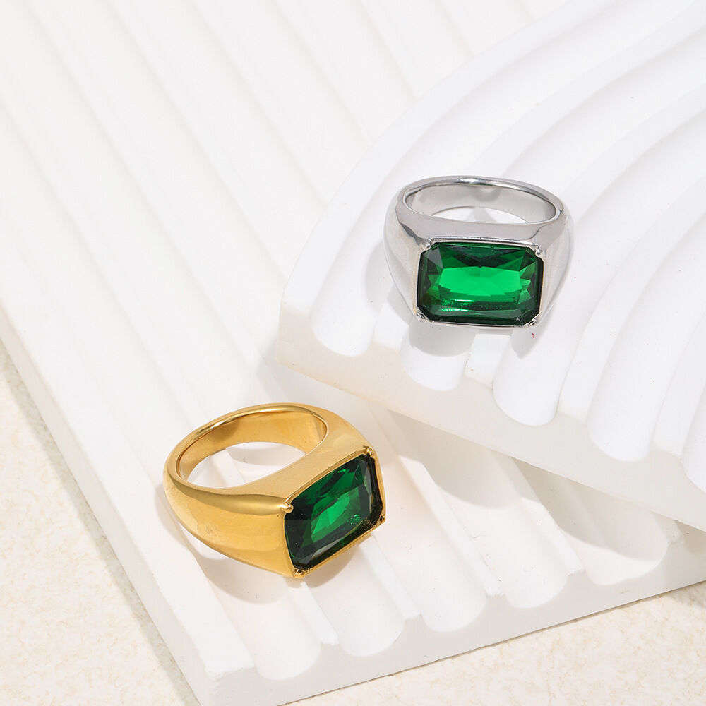 Square Emerald Zircon Stainless Steel Waterproof Ring Picture3