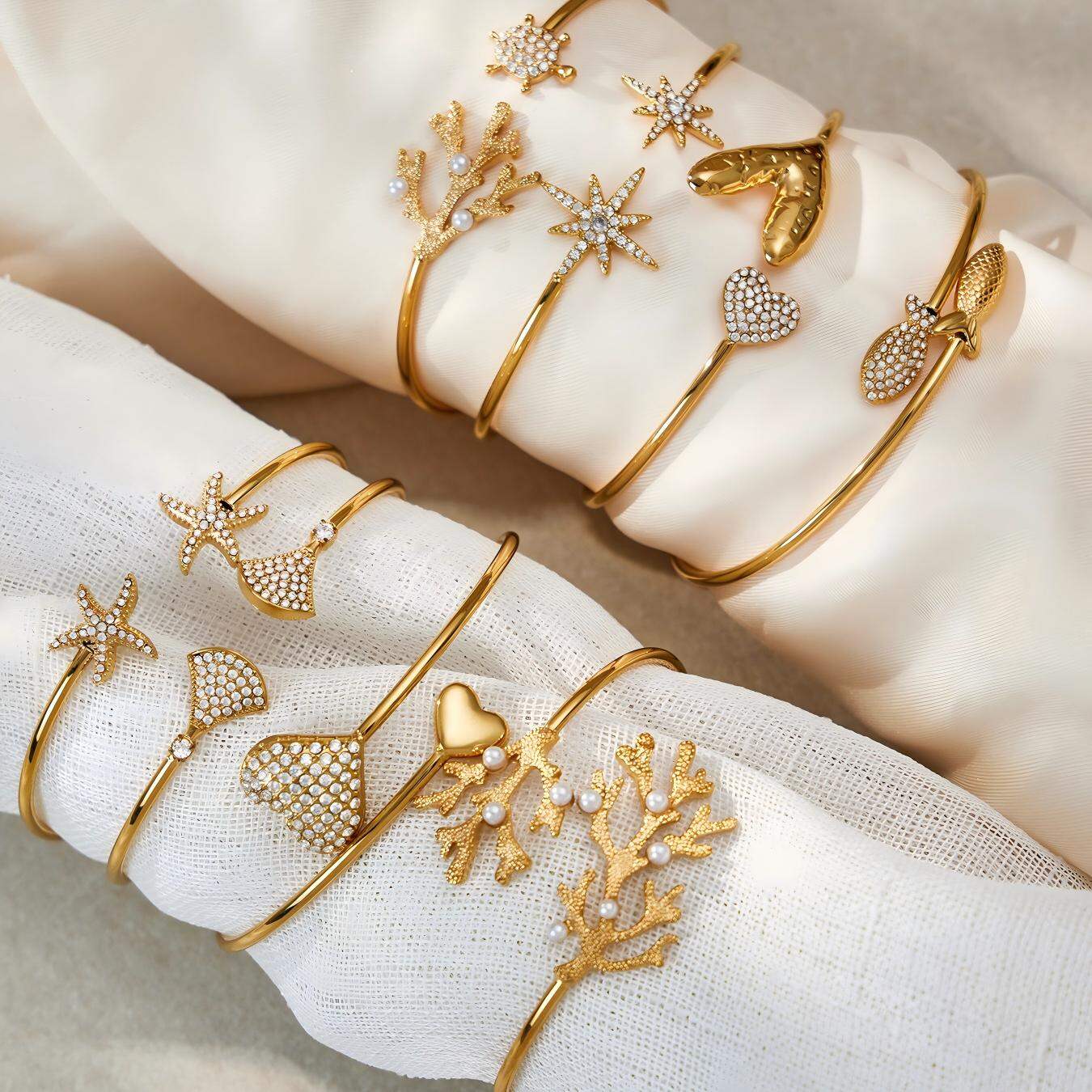 Marine Series Zircon Stainless Steel Waterproof&Anti-tarnish Gold Color Women's Cuff Bracelets h5 Picture4