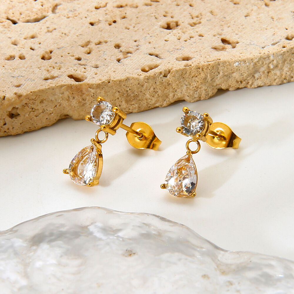 Romantic Series Elegant Droplet Stainless Steel Waterproof   Gold Color  Zircon Women's Jewelry Sets 2