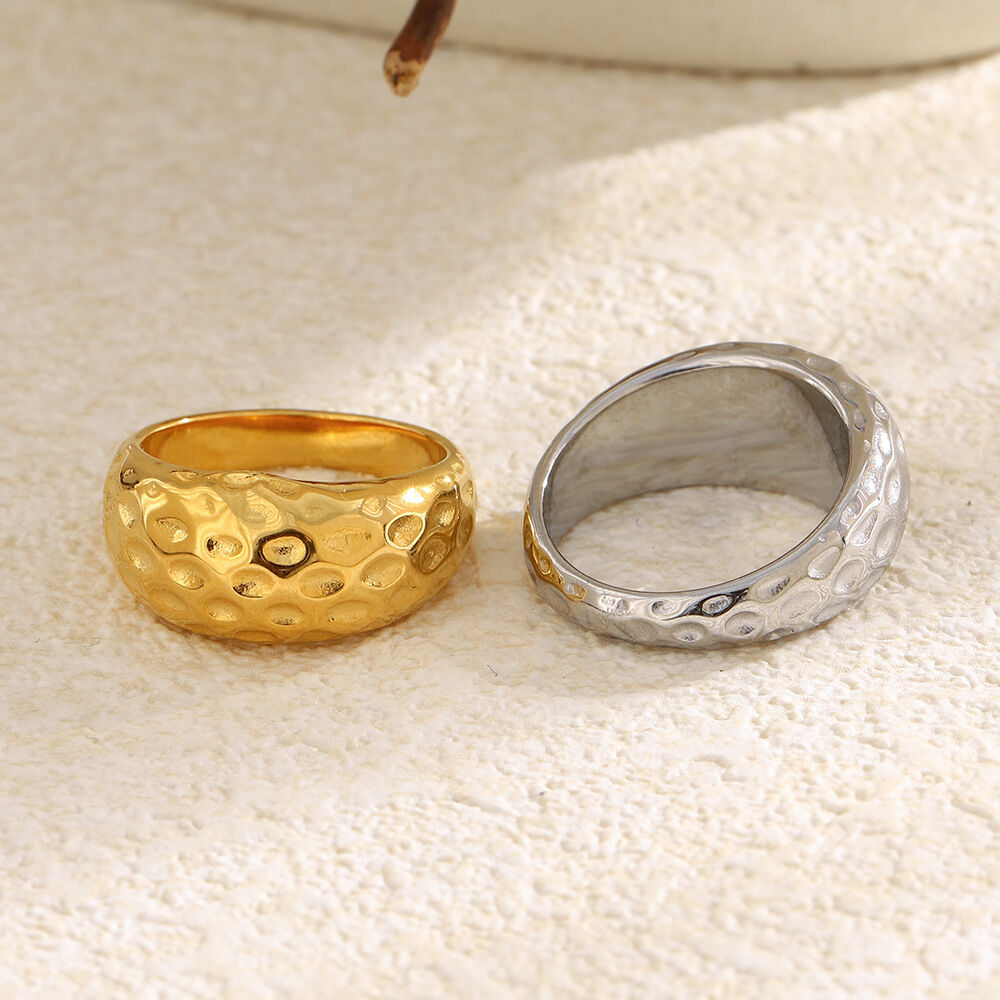Simple Hammered Pattern Stainless Steel Waterproof Statement Ring 2