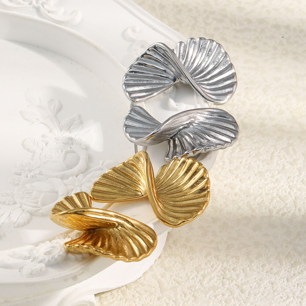 Twisted Fan-shaped Stainless Steel Waterproof Gold Color Stud Earrings 2