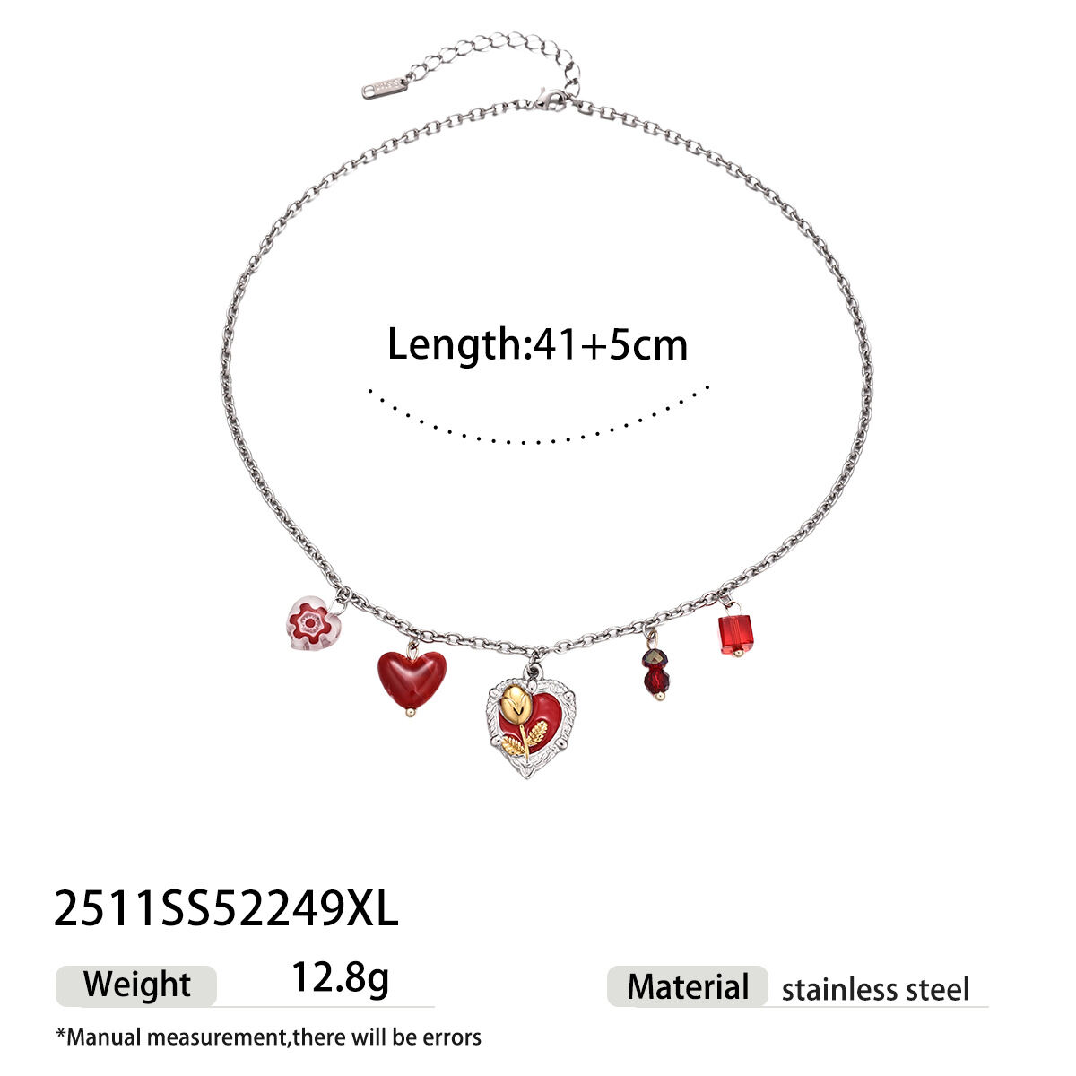Collana con ciondolo a forma di cuore e rosa in acciaio inossidabile impermeabile, di vari colori 