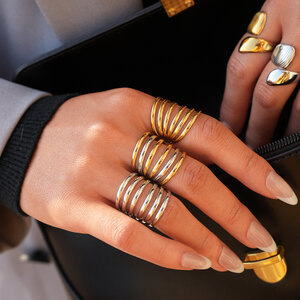 Simple Series Daily Lines Stainless Steel Waterproof Gold Color Statement Rings h5 Picture5