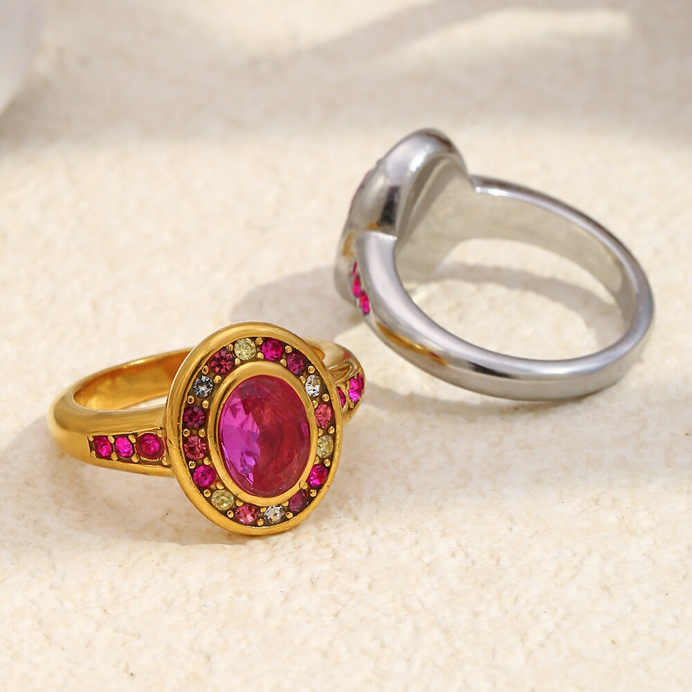 Retro Round Stainless Steel Waterproof Colored Zircon Ring Picture2