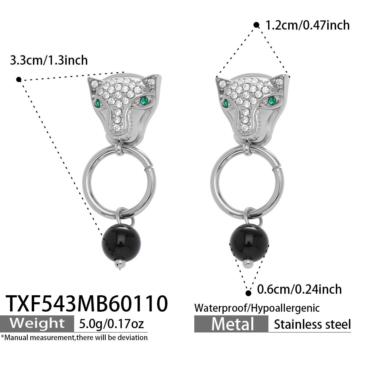 Txf543 - Steel Leopard Head Black Earrings Picture12