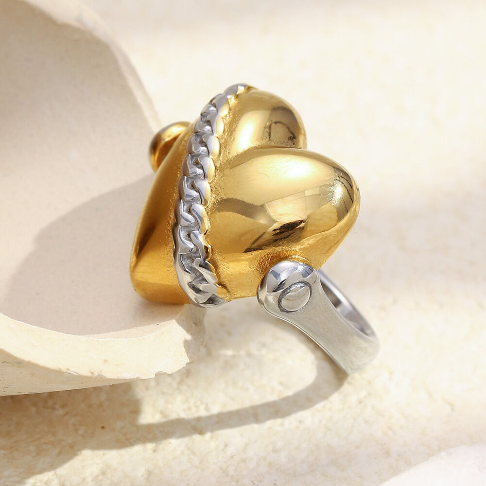 Herzförmiger, wasserdichter Statement-Ring aus Edelstahl in Gold- und Silberfarbe 2