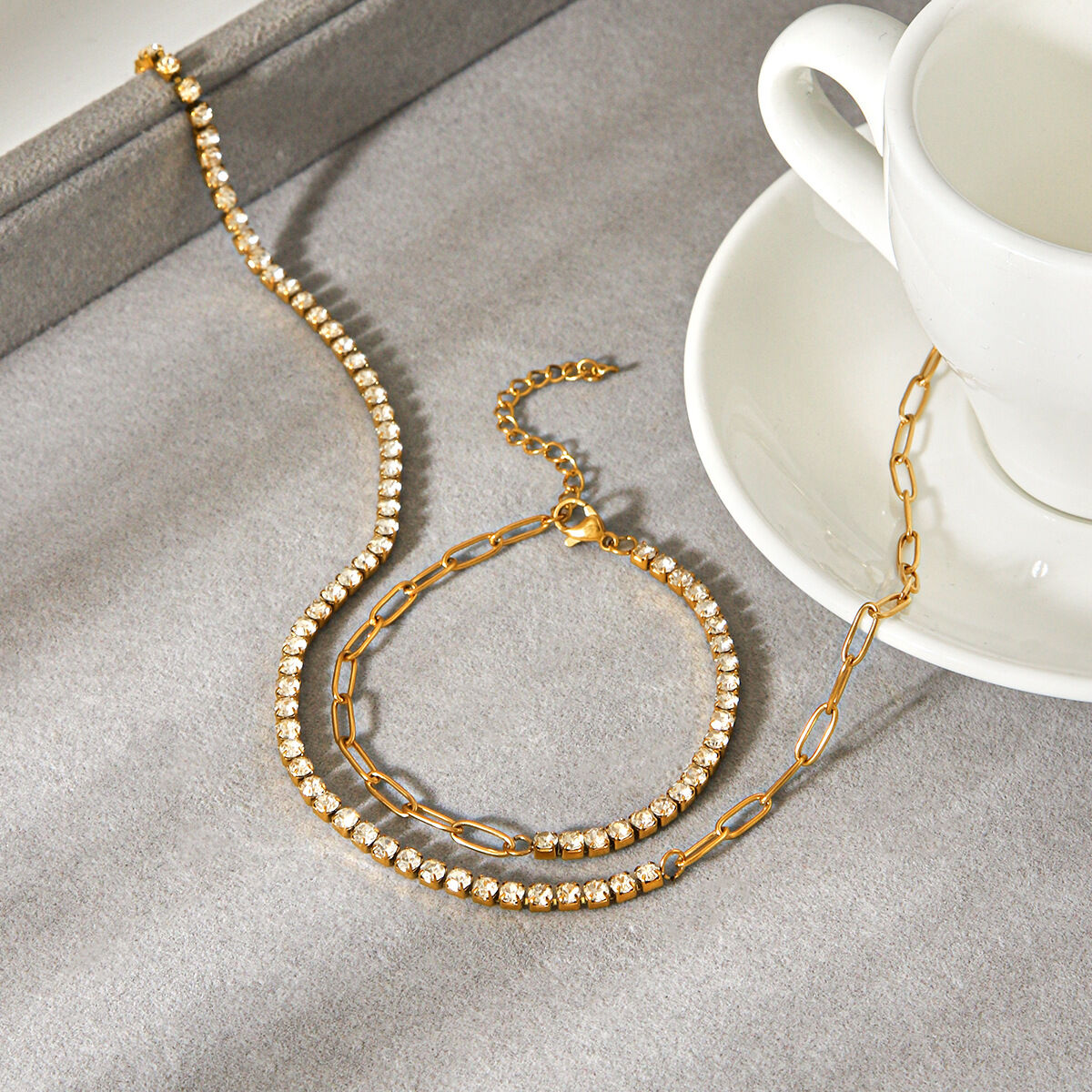 Daily Chain Stainless Steel Waterproof Gold Color Zircon Necklace Set h5 Picture5