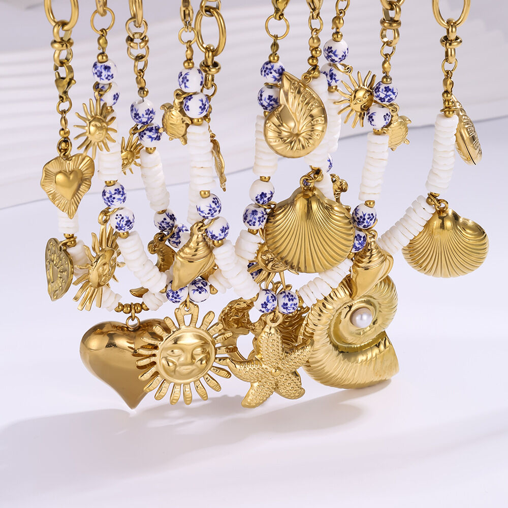 Retro Heart Porcelain Titanium Steel Gold Color Women's Beaded Necklaces