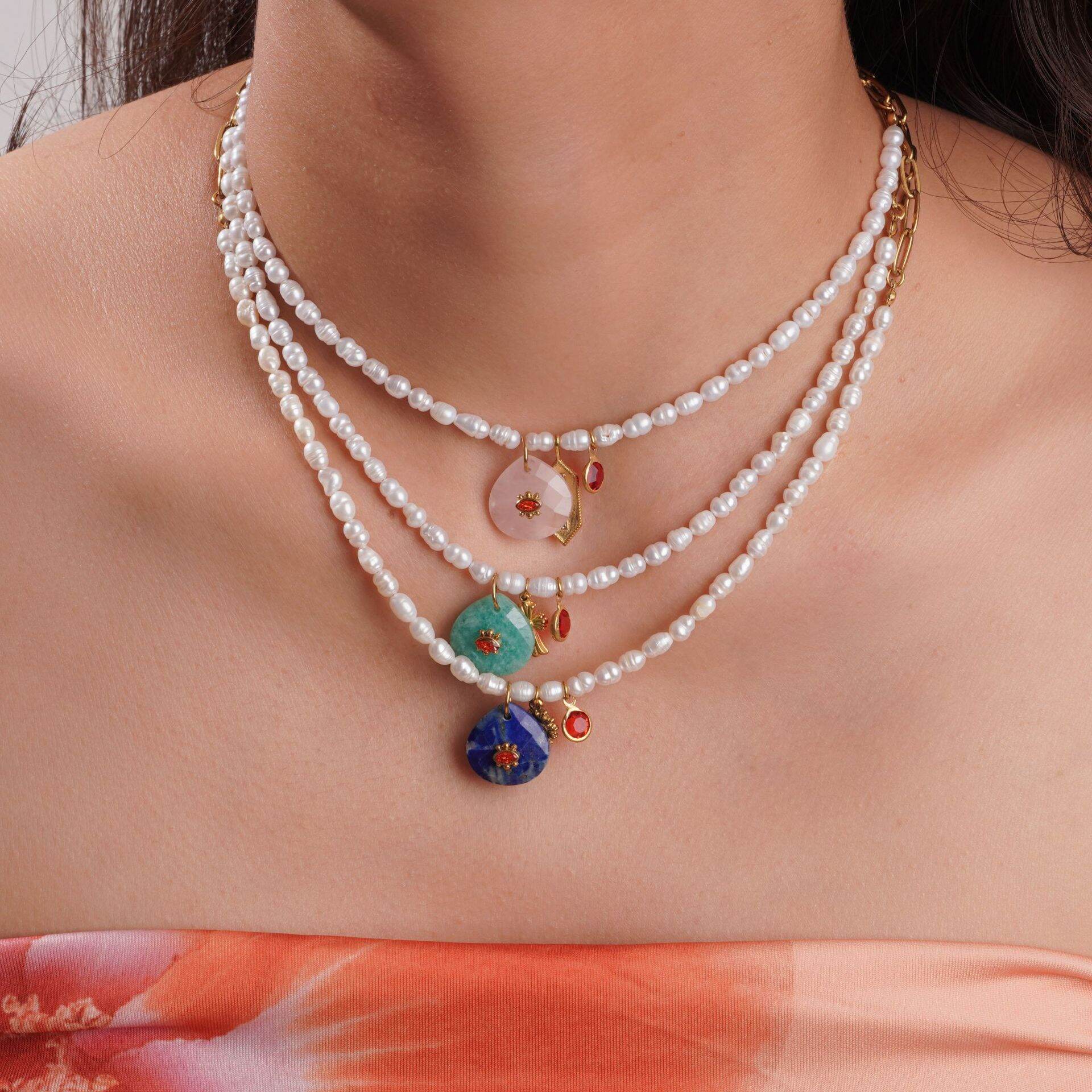 Vintage Devil's Eye Droplet Beads Titanium Steel Gold Color  Natural Stone Women's Beaded Necklaces 2