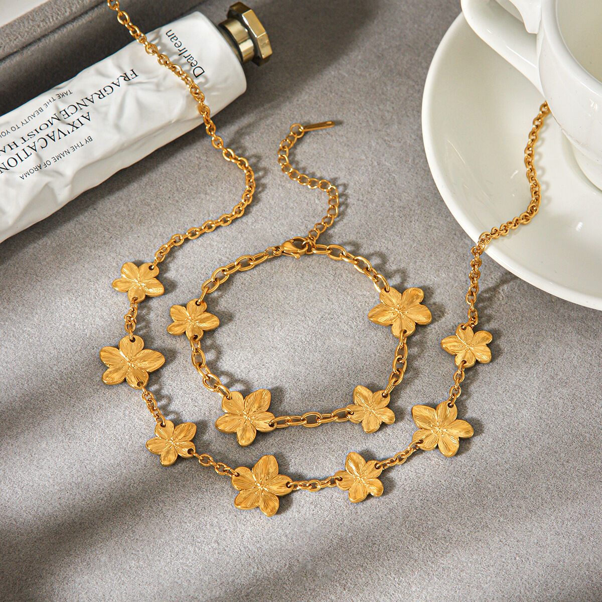 Flower Stainless Steel Waterproof Gold Color Necklace Set