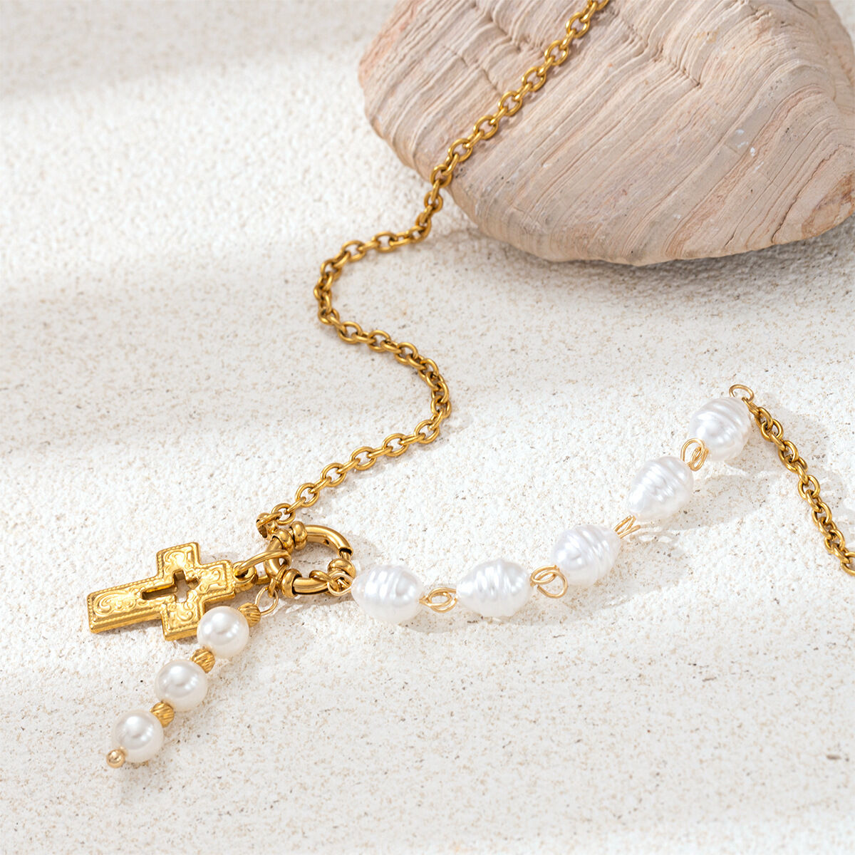 Cross Shape Stainless Steel Waterproof Mixed Color Artificial Pearl Pendant Necklace h5Picture3