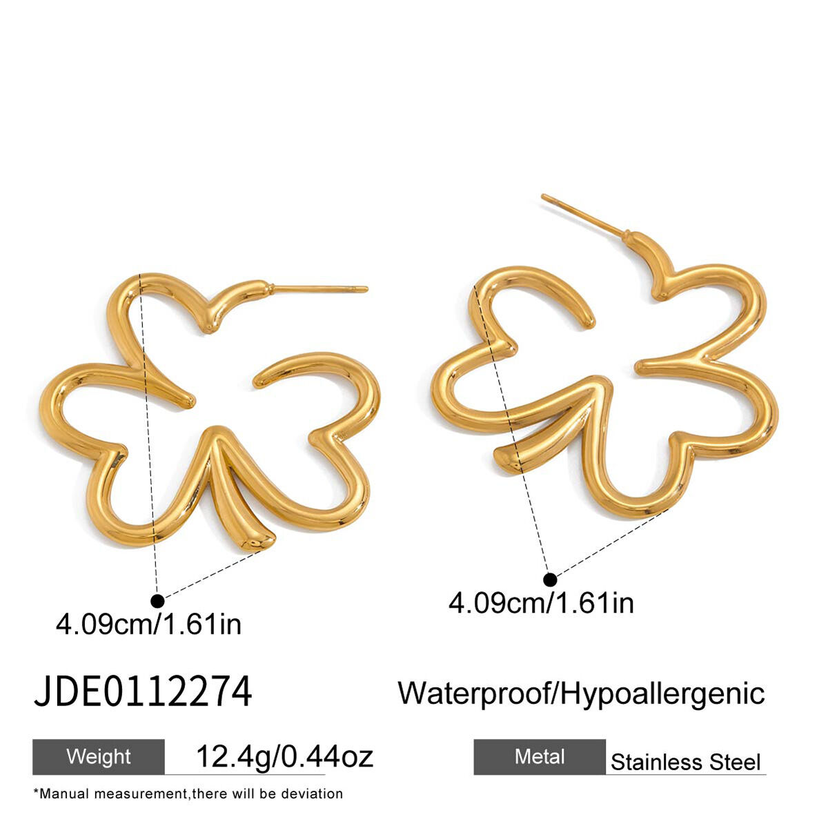 Ohrstecker für Damen in Goldfarbe, aus wasserfestem und anlaufgeschütztem Edelstahl mit Kleeblattmotiv. Bild2