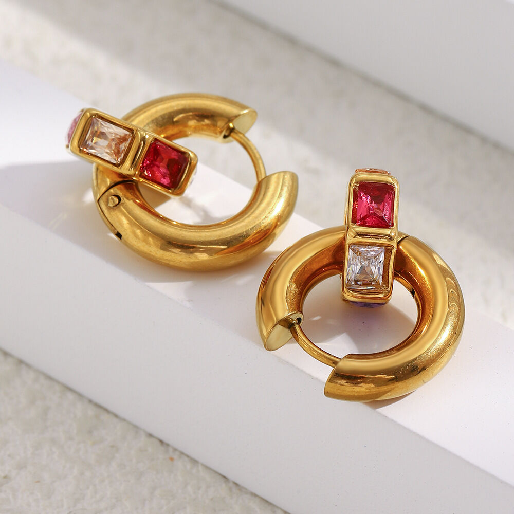 Waterproof Stainless Steel Gold Color  Colored Zircon Drop Earrings Picture2