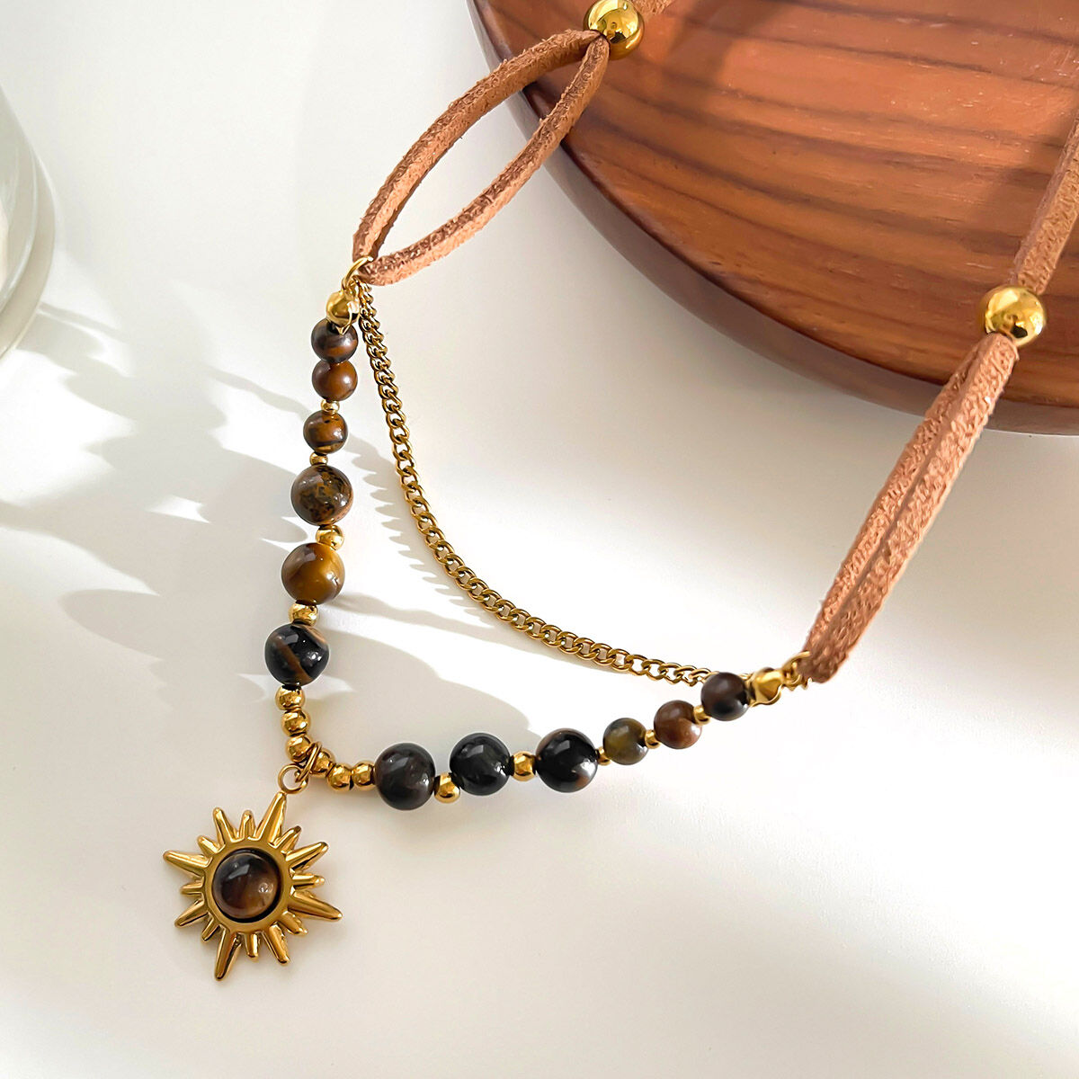 Sun Shape Stainless Steel Waterproof Gold Color Natural Stone Layered Necklace