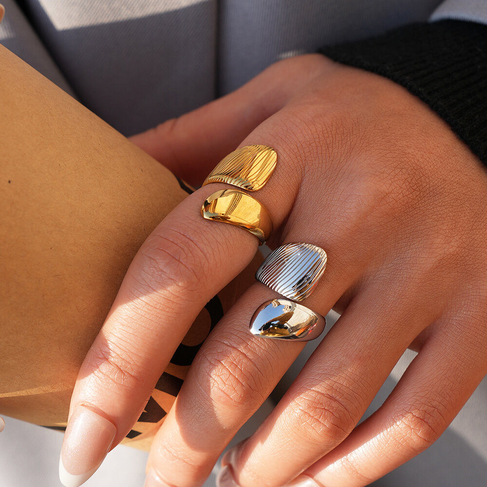Retro Pleated Texture Waterproof Gold Color Stainless Steel Women's Ring Picture4