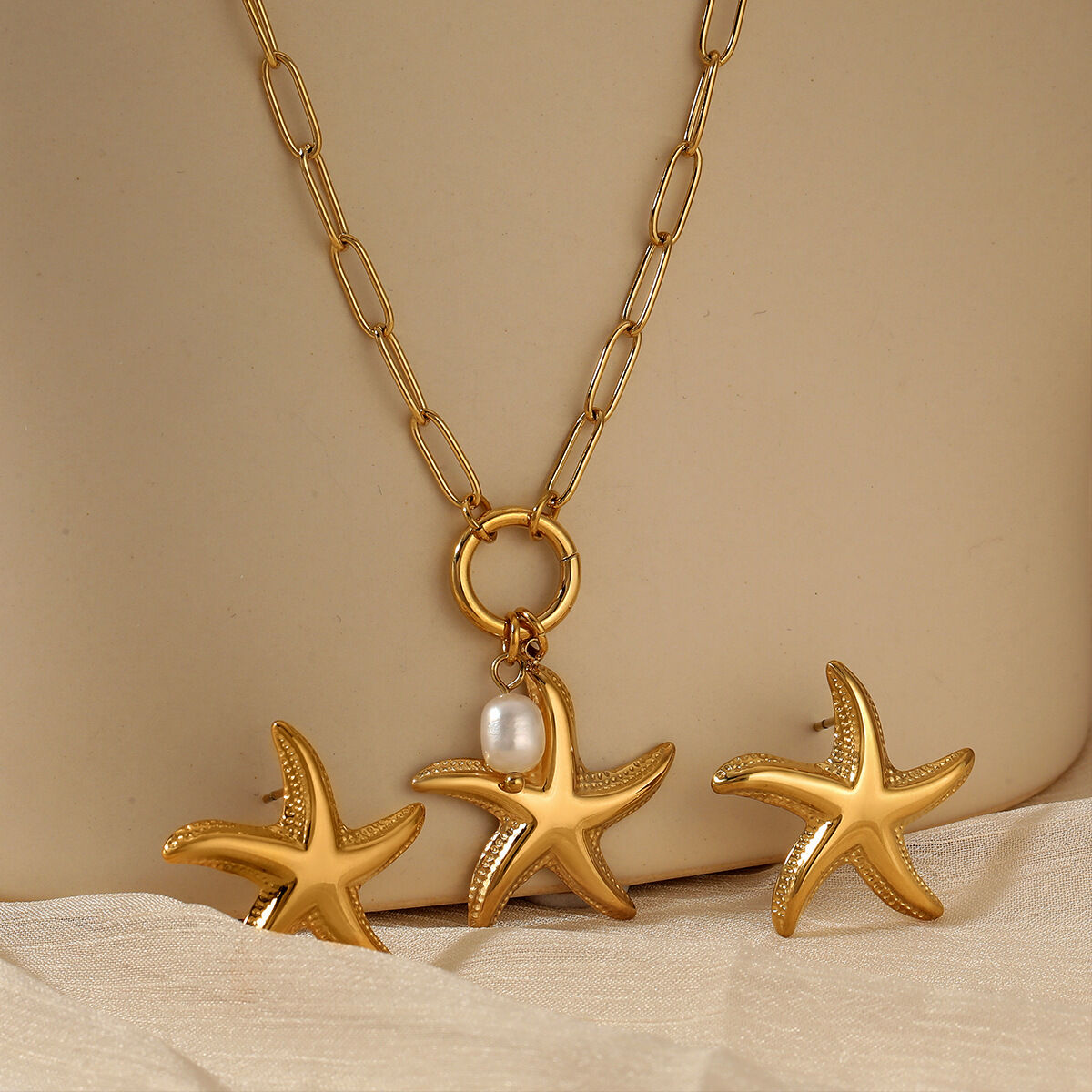 Set di collane da donna impermeabili in acciaio inossidabile color oro a forma di stella marina per le vacanze 2