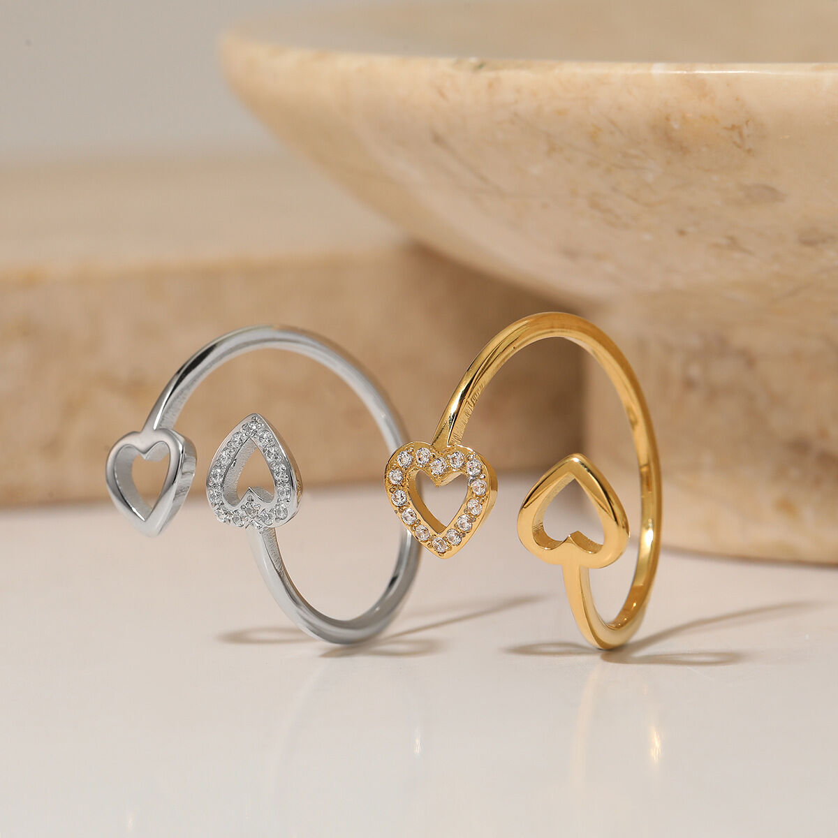 Double Heart Stainless Steel Waterproof Gold Color Rhinestone Statement Rings 2