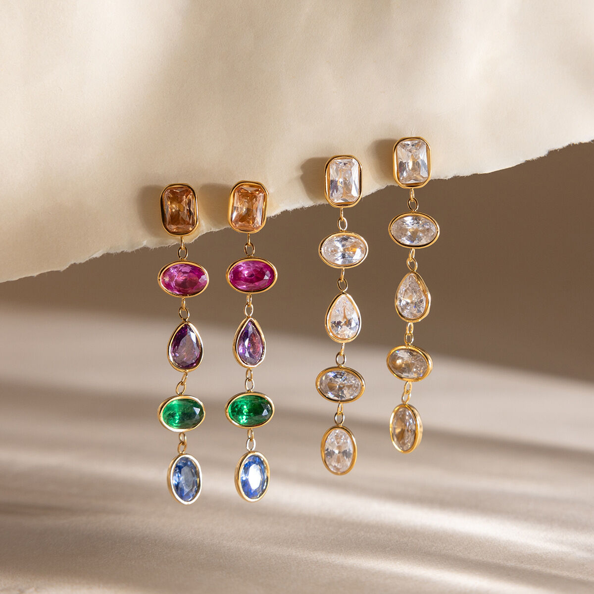 Colorful Oval Stainless Steel Gold Color Zircon Waterproof&Anti-tarnish Women's Dangle Earrings