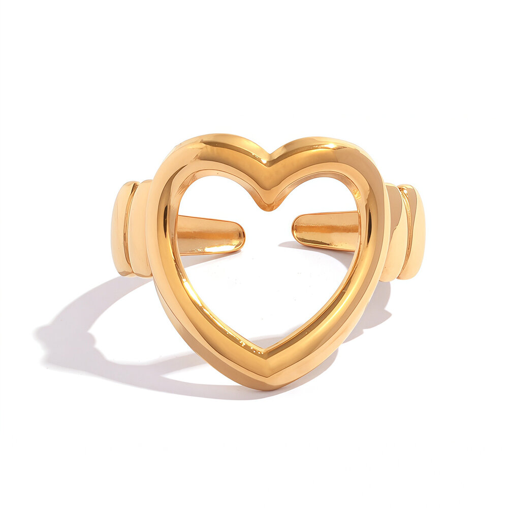 Heart Shaped Hollow Design Stainless Steel Waterproof Gold Color Statement Rings