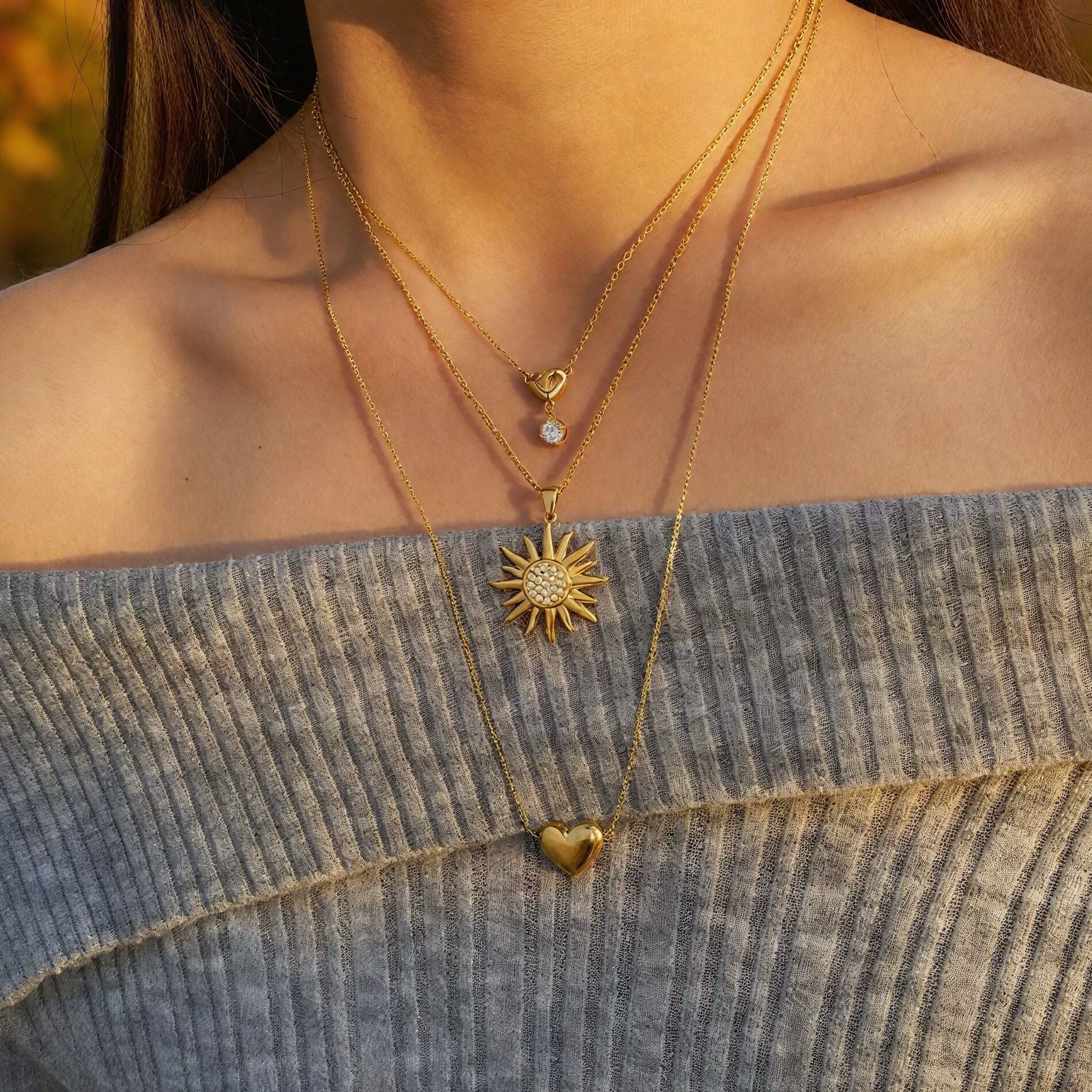 Simple Heart Sun Stainless Steel Waterproof Gold Color Zircon Women's Pendant Necklaces