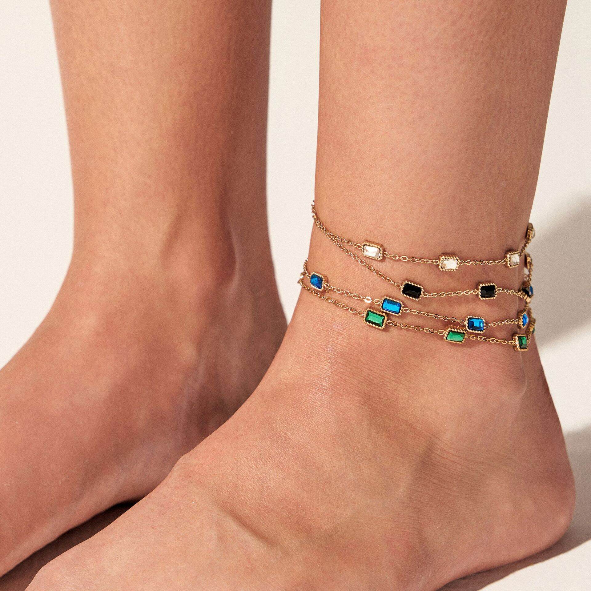 Simple Rectangle Stainless Steel Waterproof Gold Color Zircon Anklets h5 Picture3
