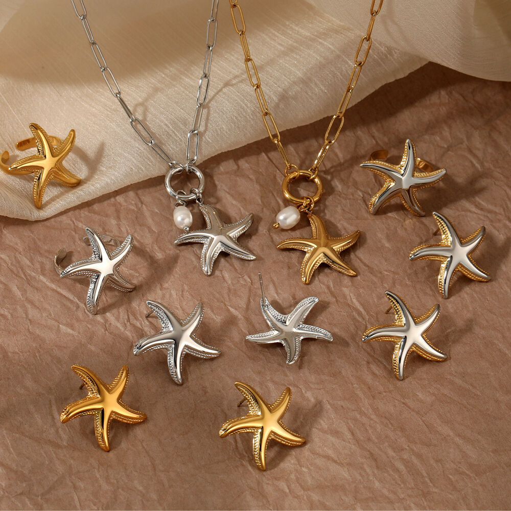 Vacation Starfish Gold Color Stainless Steel Waterproof Women's Necklaces Sets h5Picture5
