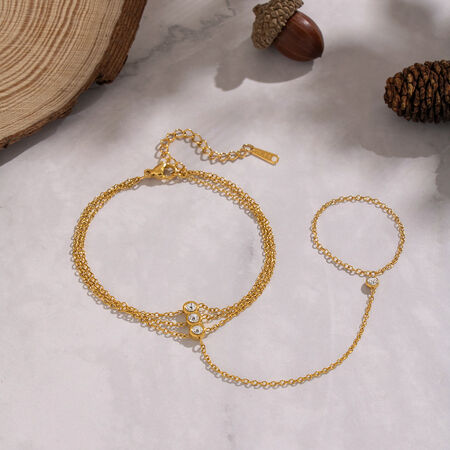 Romantic Layered Chain Stainless Steel Waterproof Gold Color Zircon Women's Hand Chain 2