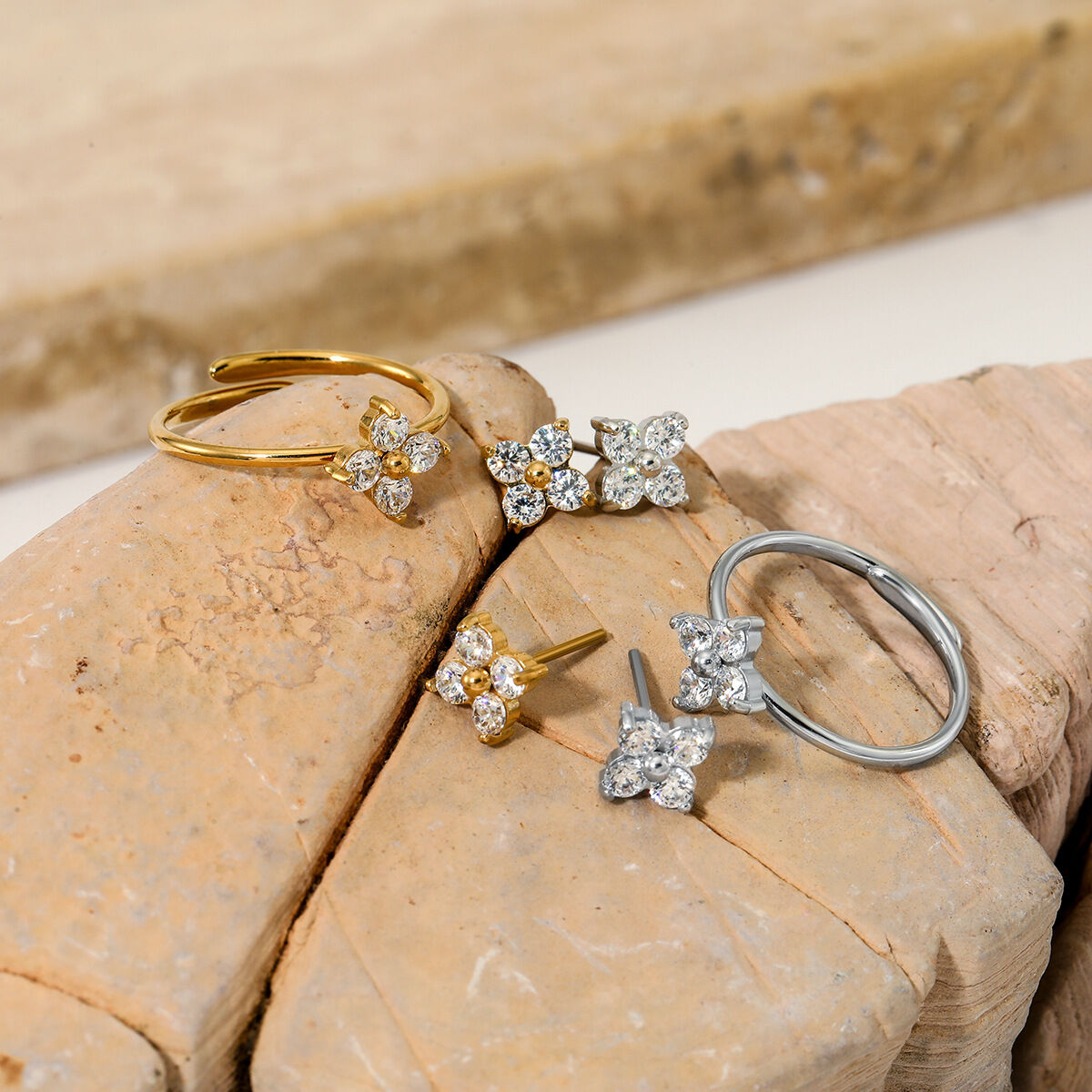 Sweet Flower Stainless Steel Waterproof Gold Color Zircon Women's Earring Sets h5 Picture3