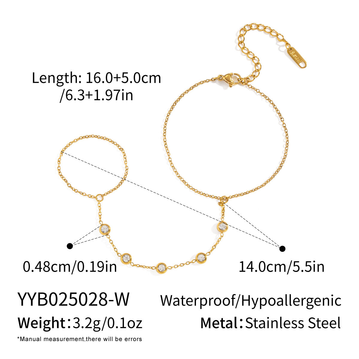 Simple Chain Stainless Steel Waterproof Gold Color Zircon Women's Hand Chain