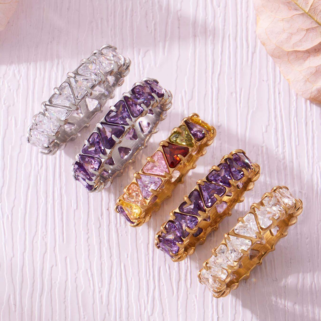 Brilliant Triangle Stainless Steel Gold Color Zircon Waterproof&Anti-tarnish Women's Gemstone Rings